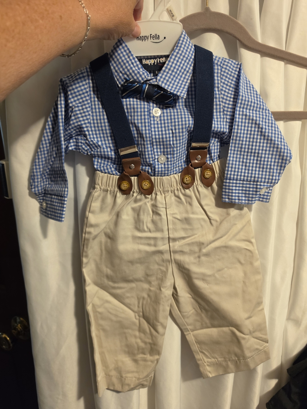 6/9 M Blue Gingham Shirt, Navy Suspenders & Cream Pants Set for Kids